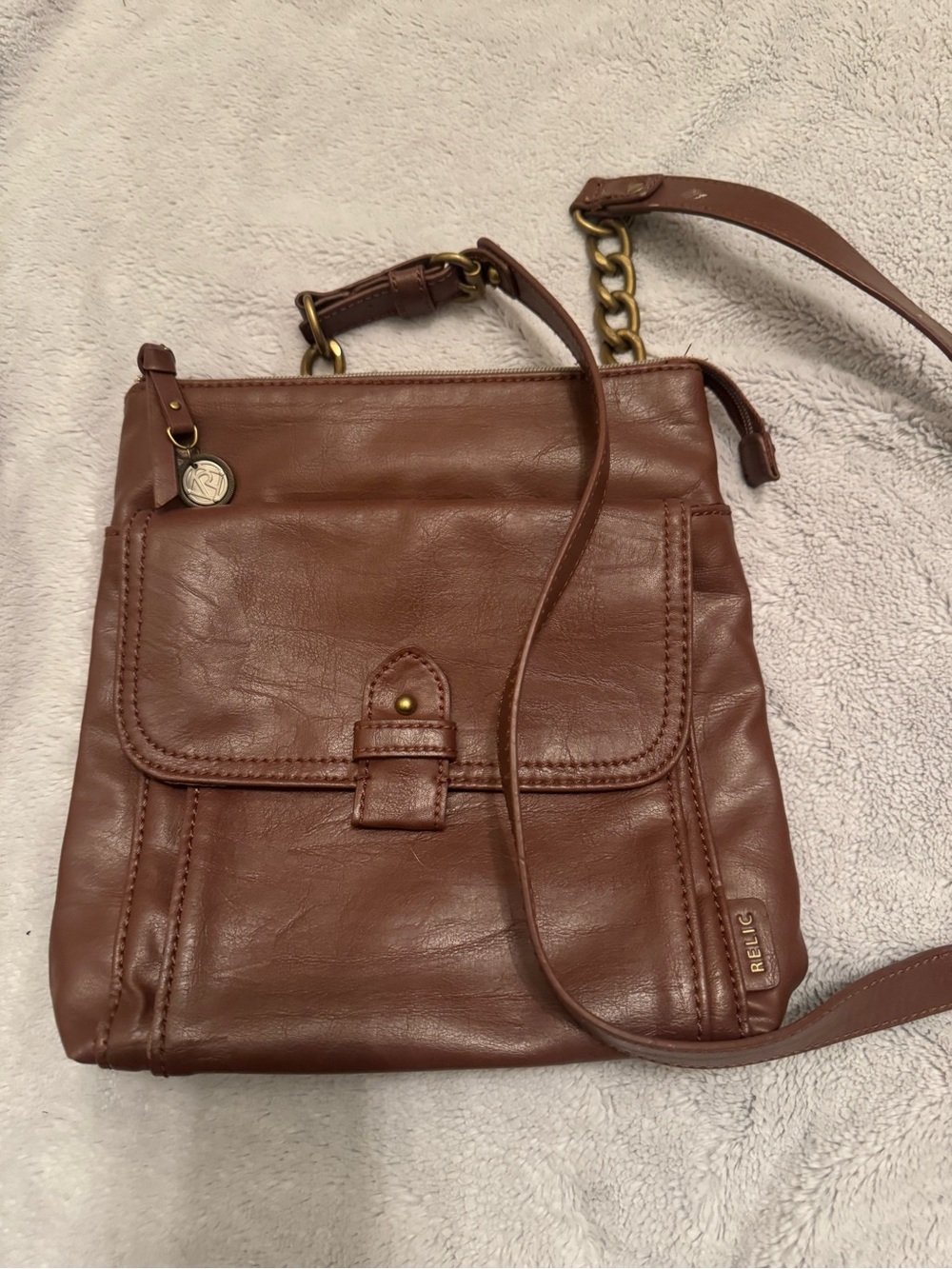 Relic Brown Genuine‎ Leather Crossbody Purse Chain Strap Organizer Flap Bag